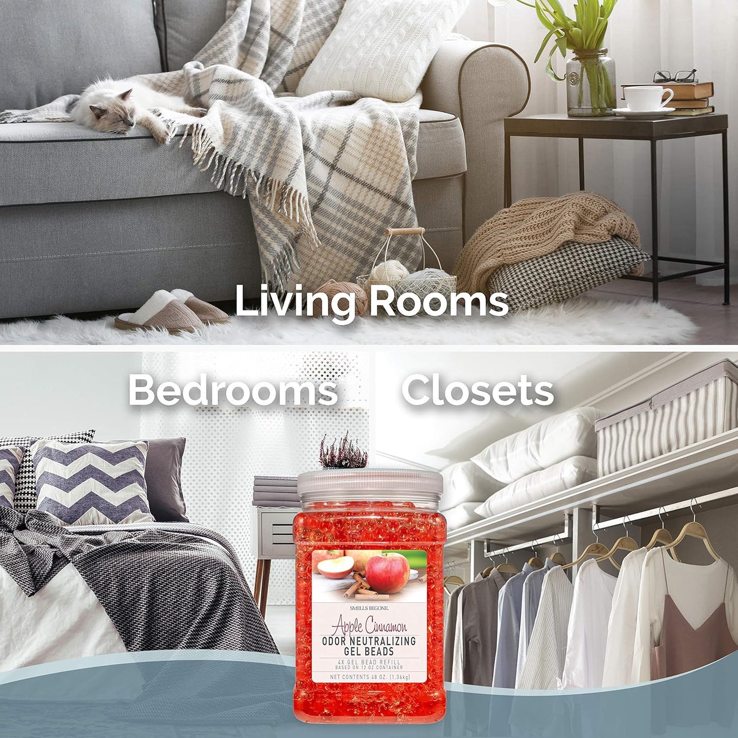 SMELLS BEGONE 48 oz Odor Eliminator Gel Bead Refill - Eliminates Odors from Bathrooms, Cars, Boats, RVs & Pet Areas - Air Freshener - Made with Essential Oils - Apple Cinnamon Scent