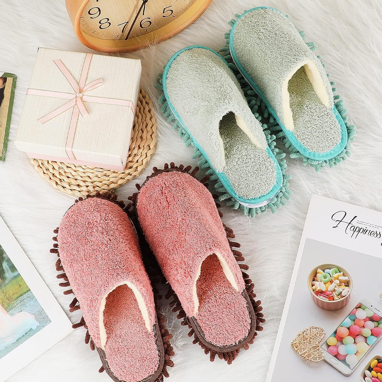 Jecery 2 Pair Microfiber Slippers Floor Cleaning Chenille Mop Slippers Base Board Cleaner Household Cleaning Tools for Wood Floor Dust Dirt Tool Supplies