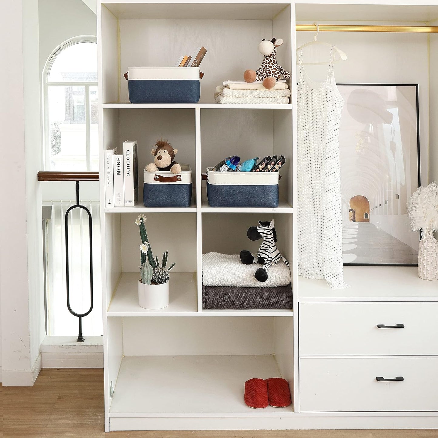 OrganiHaus Small Fabric Storage Baskets for Shelves 6 Pack, 12x8in Closet Storage Bins for Shelves, Cloth Baskets for Organizing, Linen Closet Organizers, Fabric Basket, Navy Blue/White