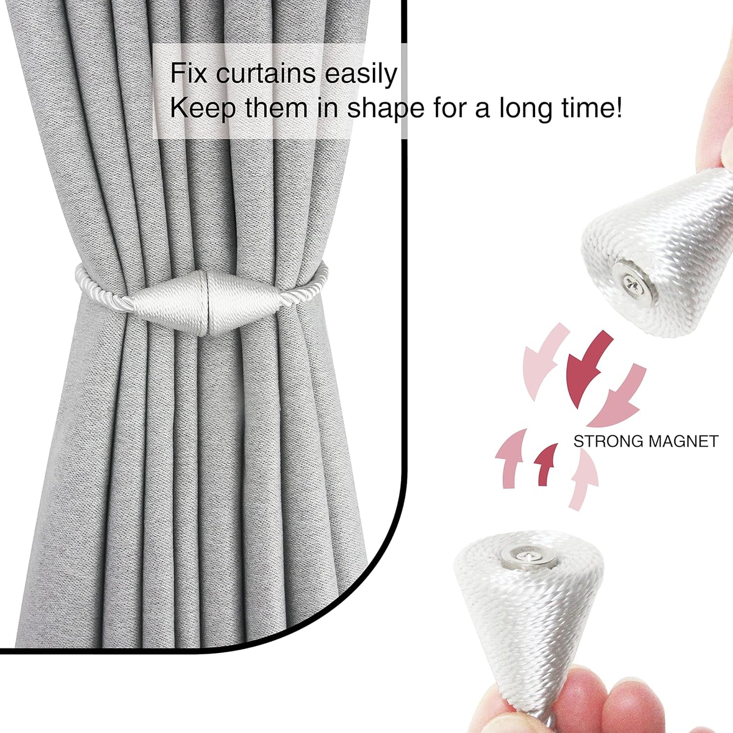 6 Pack Magnetic Curtain Tiebacks Rope Modern Handmade Curtain Tie Backs Decorative Drapes Weave Holdbacks for Window Décor, Silver