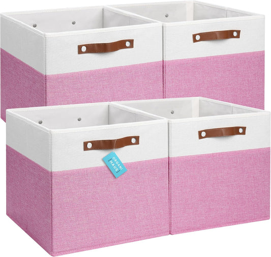 OrganiHaus 13x13 Cube Fabric Storage Bins Set of 4, Fabric Storage Cubes w/ Vegan Handles, 13 inch Collapsible Bins for Clothes & Toy Organizer, Cubbies Organizer, 13x13 Basket for Decor - Pink/White